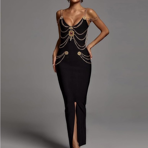 Black and Gold Embellished Bodycon Dress with Plunge Neckline - Picture 1 of 3